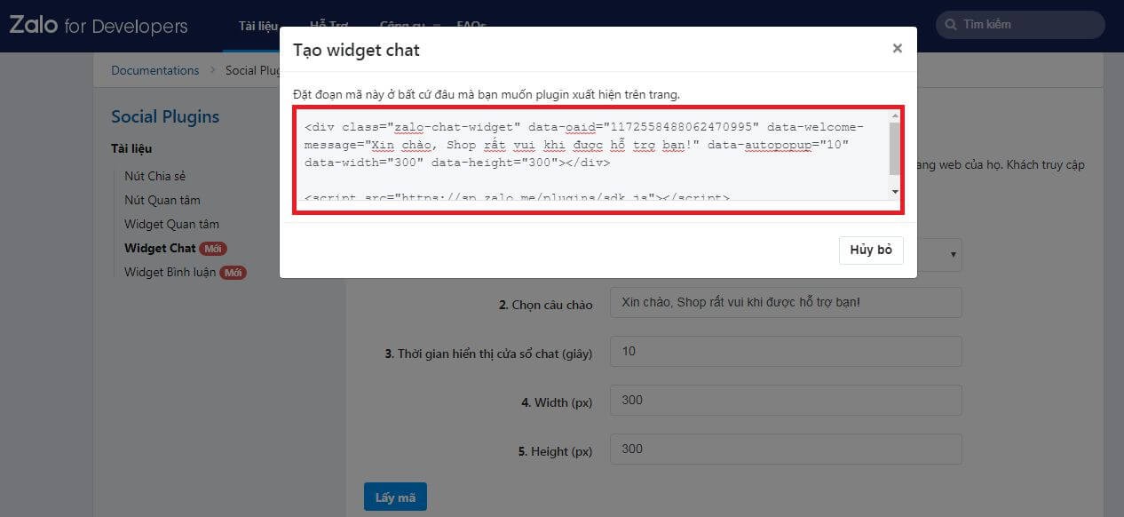 Copy đoạn mã cài đặt live chat zalo trên website