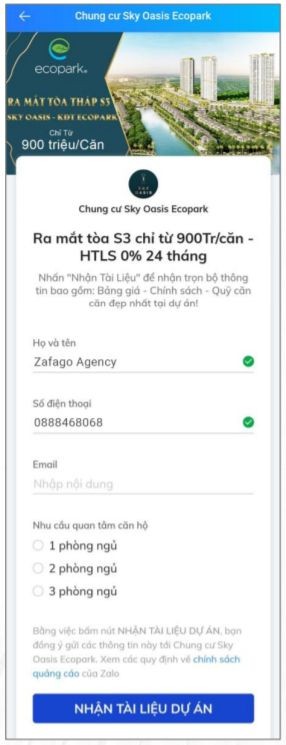 Trang đích của quảng cáo inbox ads