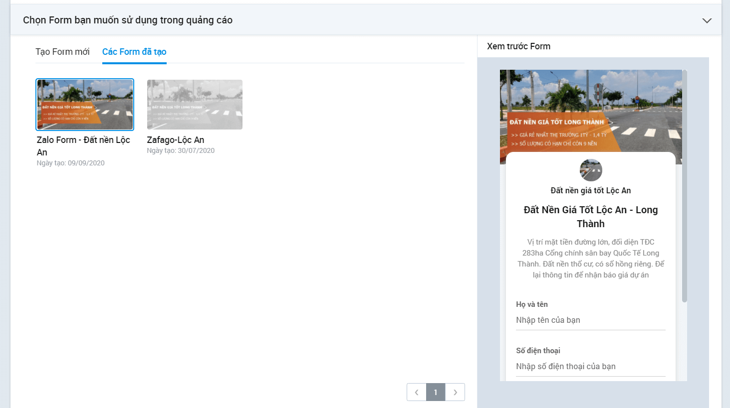 Chọn Lead Form sẽ quảng cáo