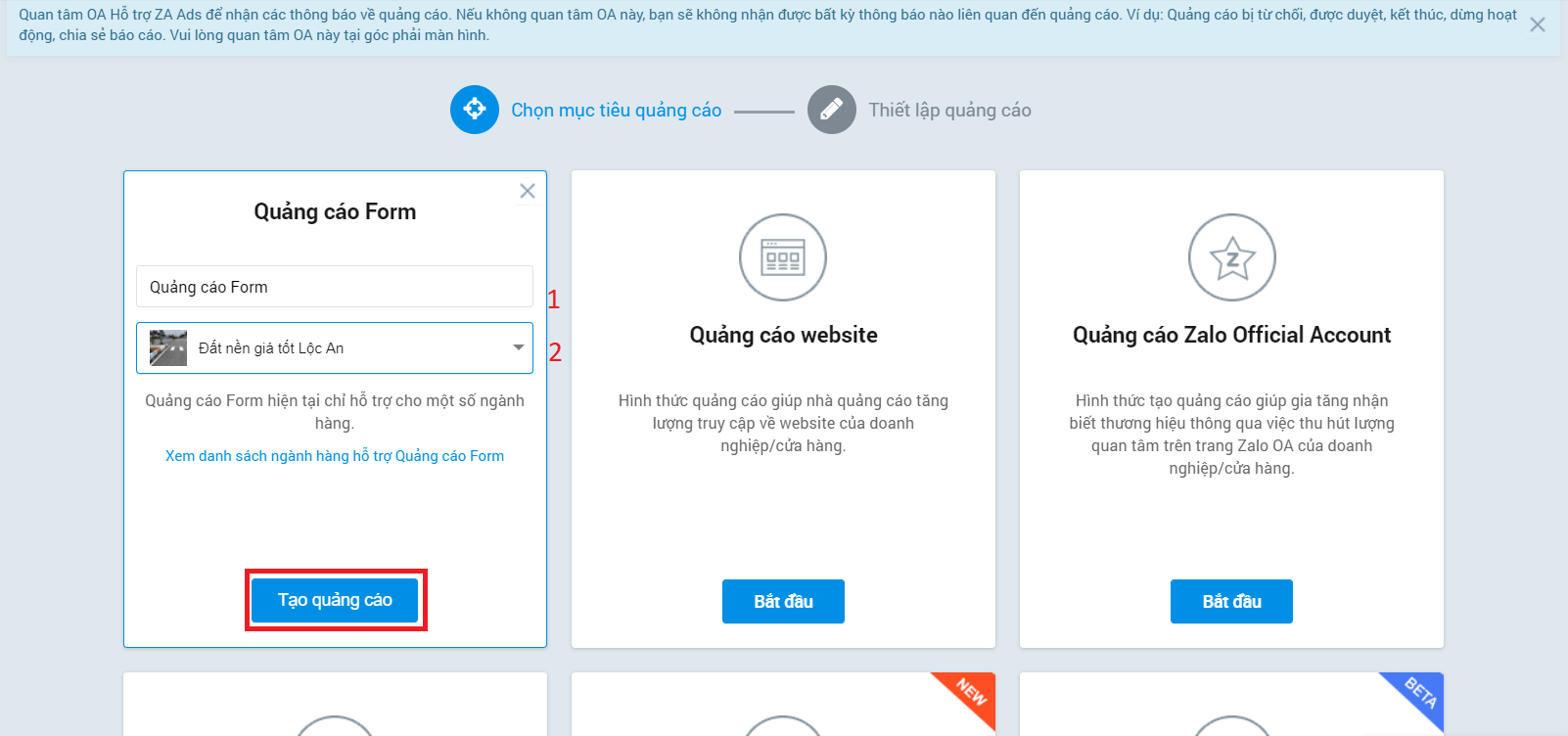 Đặt tên chiến dịch quảng cáo và OA quảng cáo