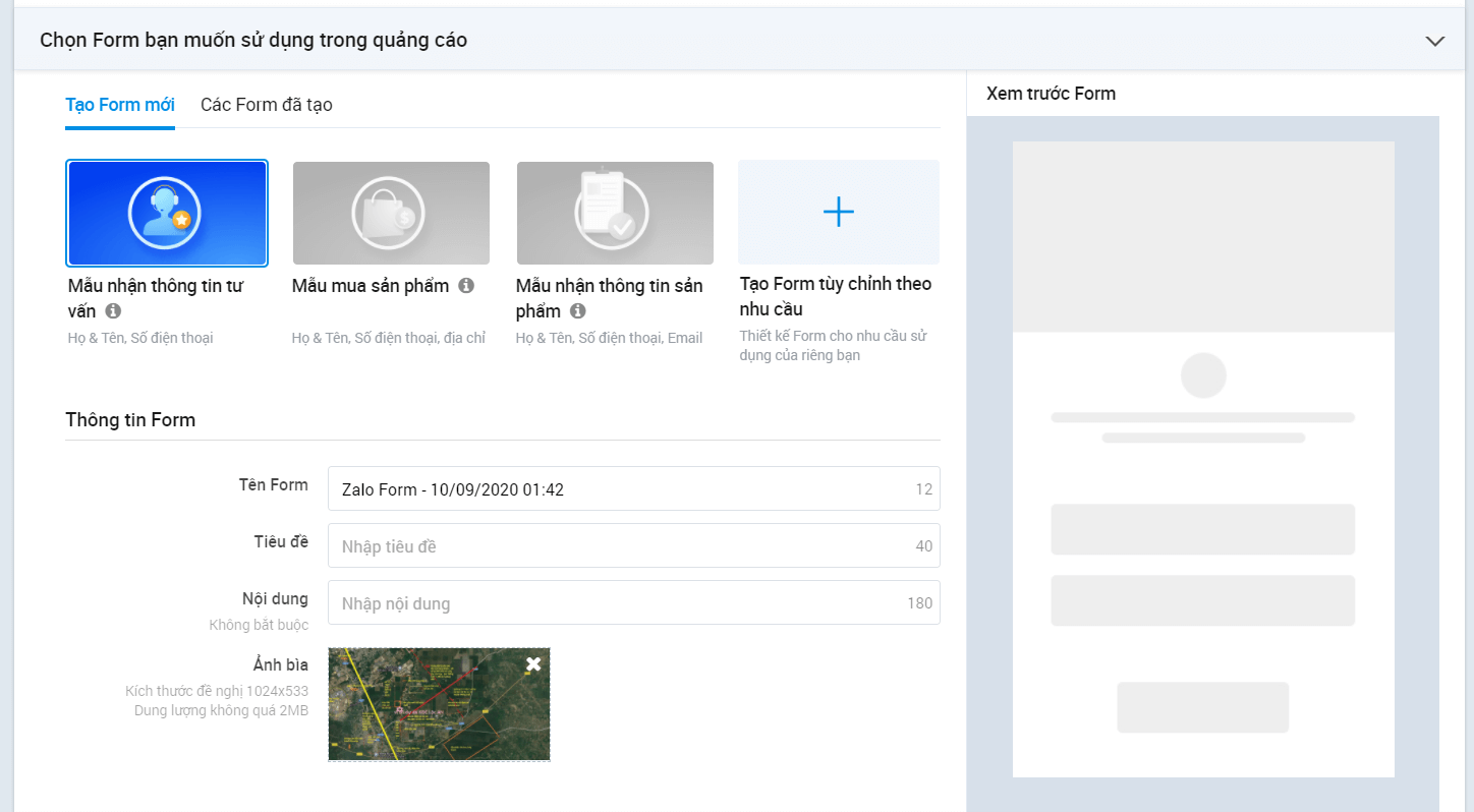 Tạo mới Lead Form Zalo