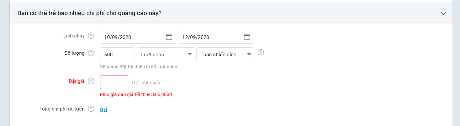 Thiết lập ngân sách và lịch chạy