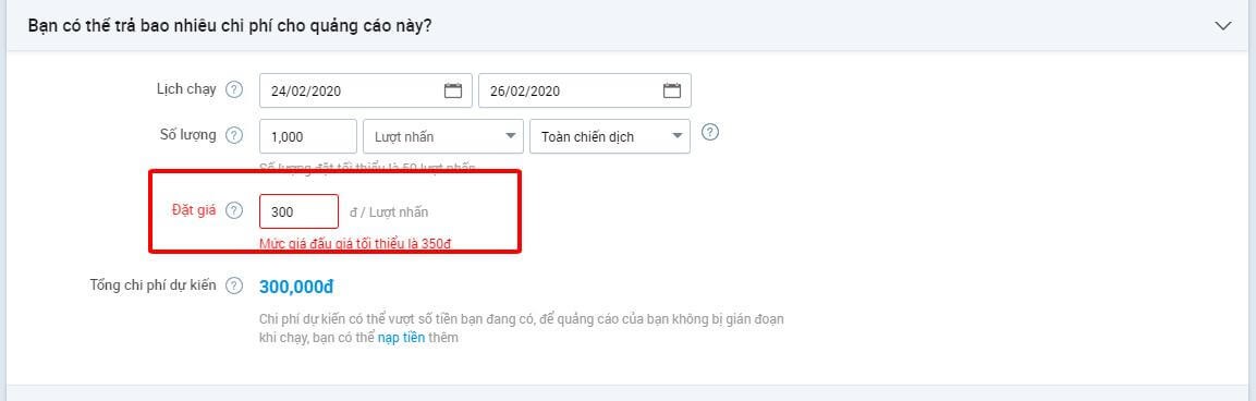 Giá thầu quảng cáo quá thấp