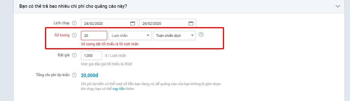 Số lượt nhấn bạn đặt quá thấp