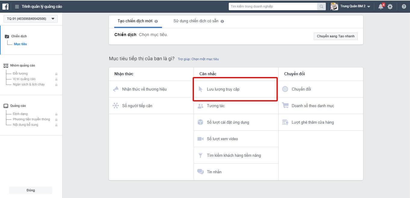 chọn hình thức quảng cáo lưu lượng truy cập facebook