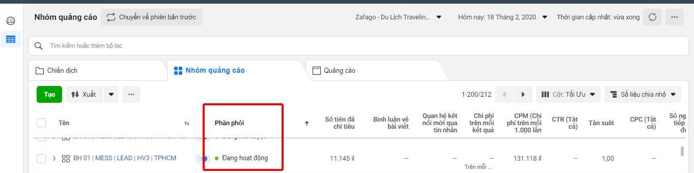 Quảng cáo Facebook hiển thị đang hoạt động