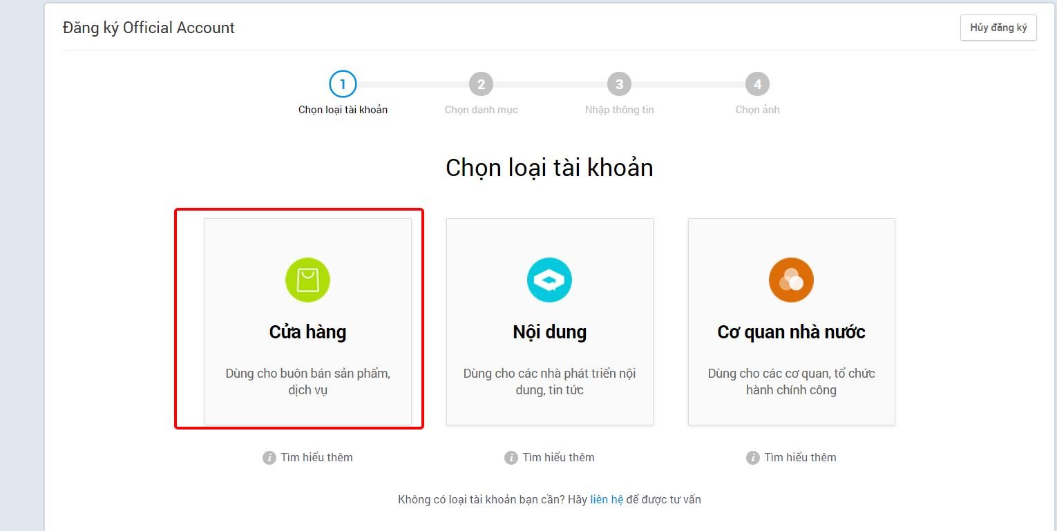 Chọn loại tài khoản cho OA Zalo