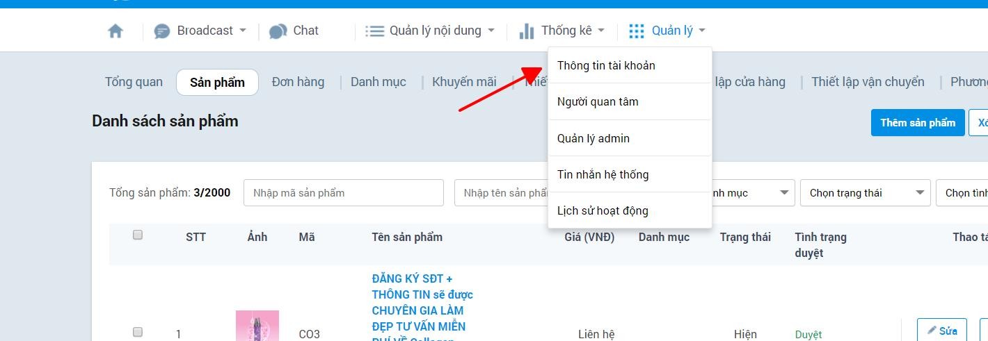 Sau khi đăng sản phẩm xong, bạn cần mở chức năng hiển thị Cửa hàng trên trang OA Zalo