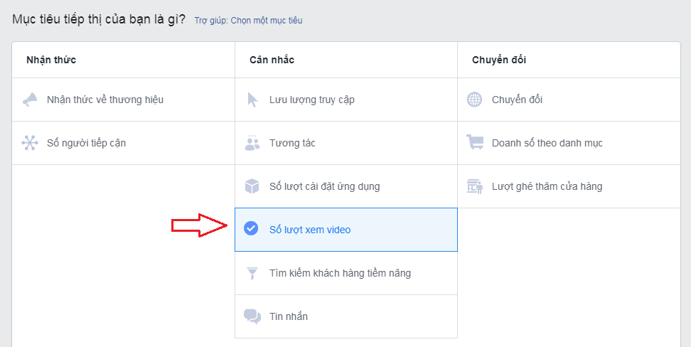 Chọn mục tiêu cho chiến dịch quảng cáo video trên Facebook