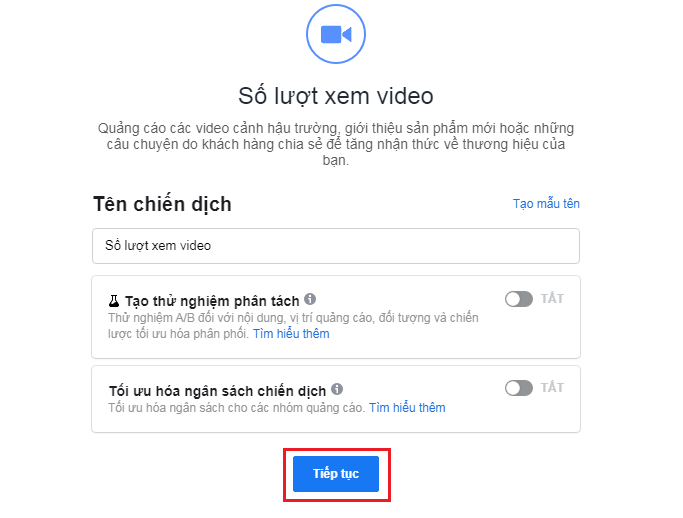 Đặt tên chiến dịch tạo quảng cáo video trên Facebook