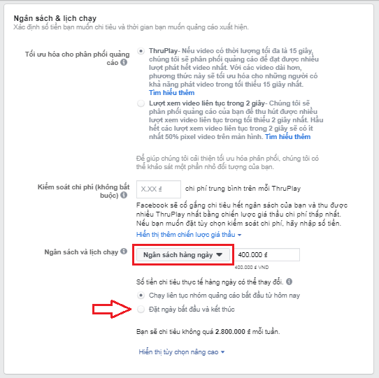 Thiết lập ngân sách và lịch chạy quảng cáo video trên Facebook