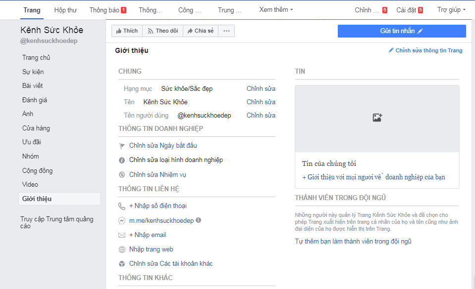 Thêm đầy đủ thông tin về số điện thoại, email, website,.. khi thực hiện cách lập Fanpage Facebook