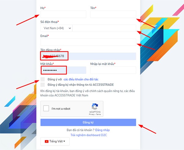 Nhập đầy đủ thông tin đăng ký tài khoản ACCESSTRADE
