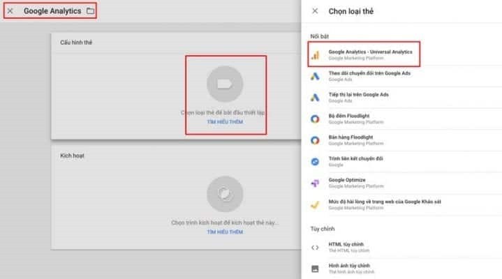 Lựa chọn thẻ cho Google Analytics