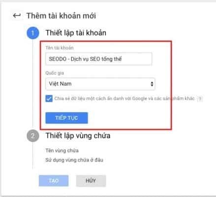 Nhập tài khoản và lựa chọn quốc gia