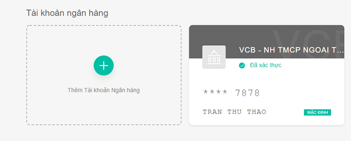 Kết quả đã thêm tài khoản ngân hàng thành công