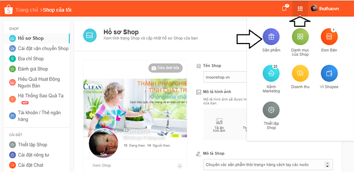 Lựa chọn mục sản phẩm để cài đặt