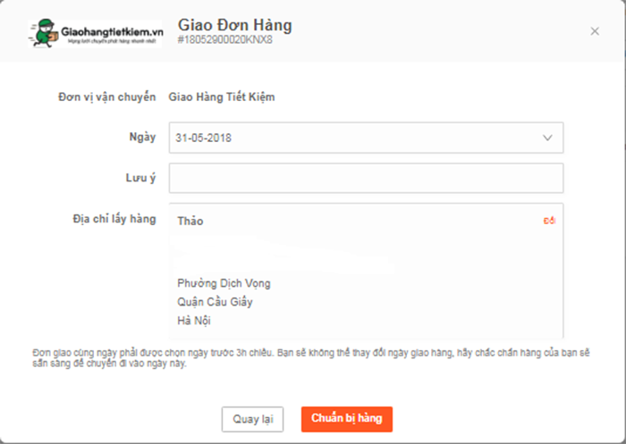 Nhập số ngày để chuẩn bị hàng hóa