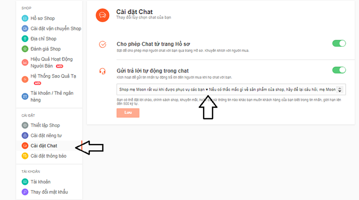 Cài đặt cho phần chat trên gian hàng