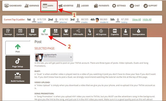 Truy cập vào mục Earn