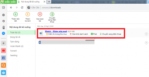 Video đã được tải về hoàn tất trong mục Download