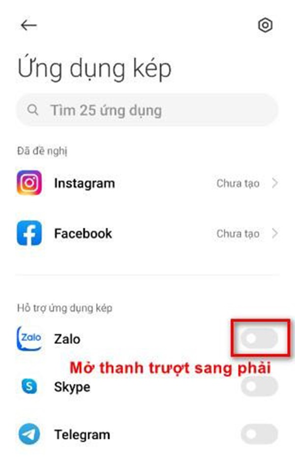 Kéo thanh trượt của Zalo sang phải