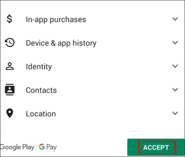 Nhấp chuột vào phần Accept để đồng ý quyền khi sử dụng