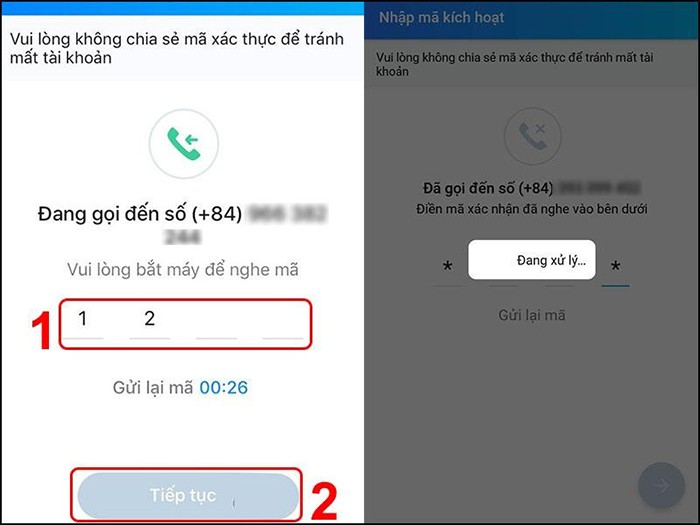 Nhập đầy đủ phần mã xác thực đã được gửi đến số điện thoại mà bạn đăng ký