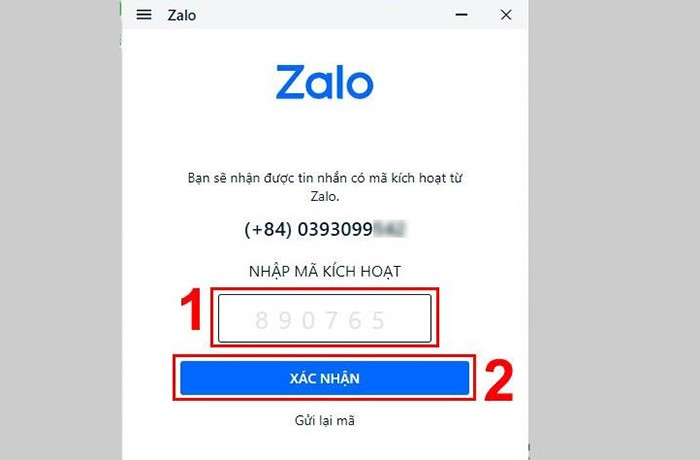 Điền đầy đủ mã xác nhận được gửi đến số điện thoại mà bạn đã đăng ký