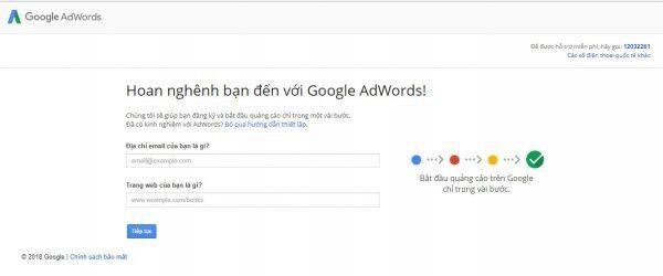 Nhập thông tin đăng ký tài khoản Google Ads