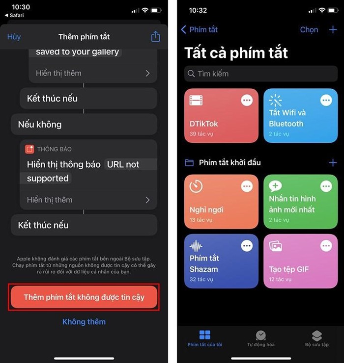 Nhấn vào nút: “Thêm phím tắt không được tin cậy”