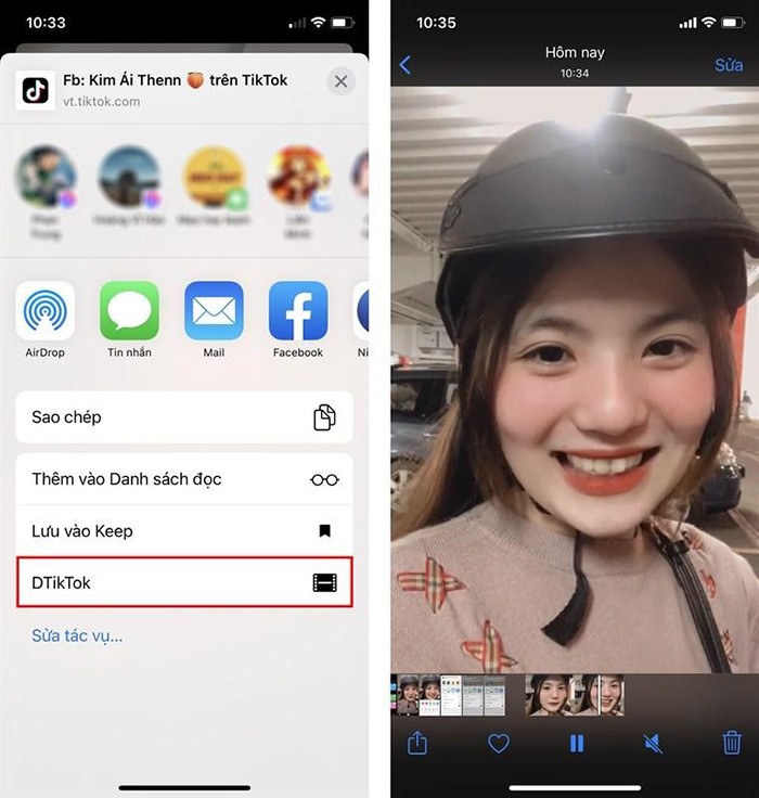 Lựa chọn phần phím tắt DTikTok và video