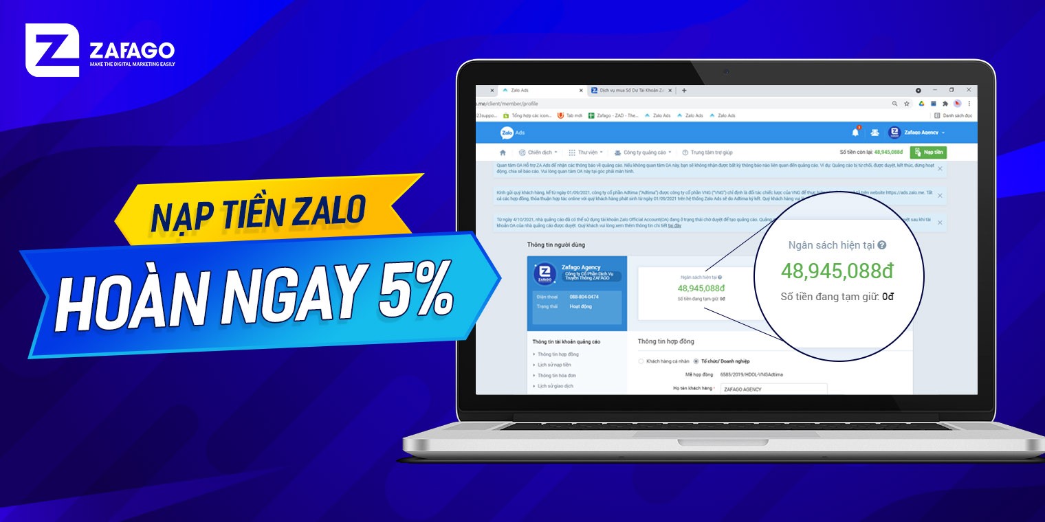 Nạp tiền Zalo Ads | Hoàn tiền không giới hạn lên tới 5%